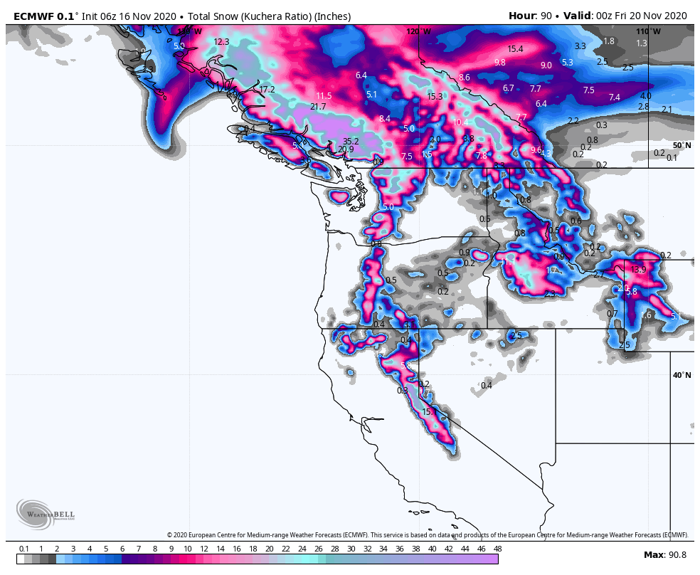 Map of the western US showing areas of blue and purple in the mountains for snow