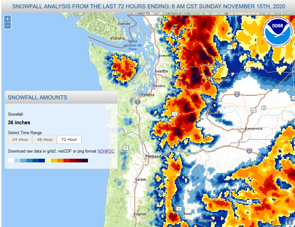 Map of 72-hour snow fall in Washington and northern Oregon showing large amounts in the Cascades.